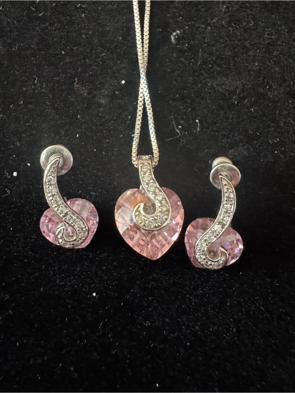 Sterling Silver Pink Heart Crystal Pendant and Earring Set